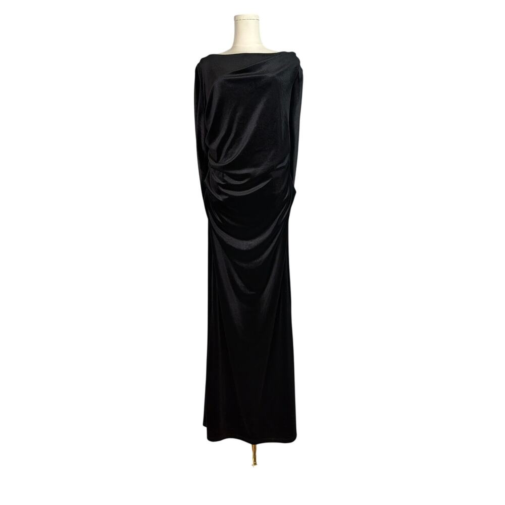Black Velvet Draped Shawl Back Column Gown Dress Sz 16 Formal Vamp Black Tie EUC - Picture 2 of 12